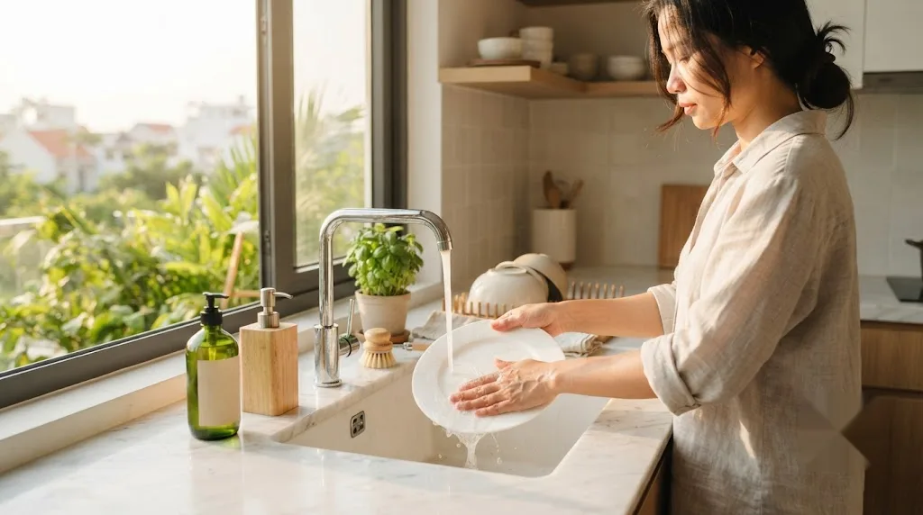 Rửa chén bên bồn rửa trong căn bếp sáng